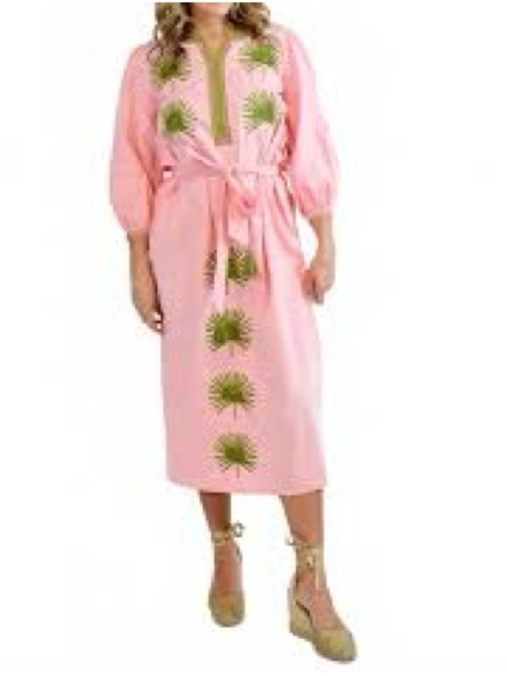 Victoria Dunn Pink Midi Dress with Green Embroidery